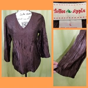 Toffee Apple BOHO Brown Satin Crinkle V-Neck Flared Sleeve Blouse